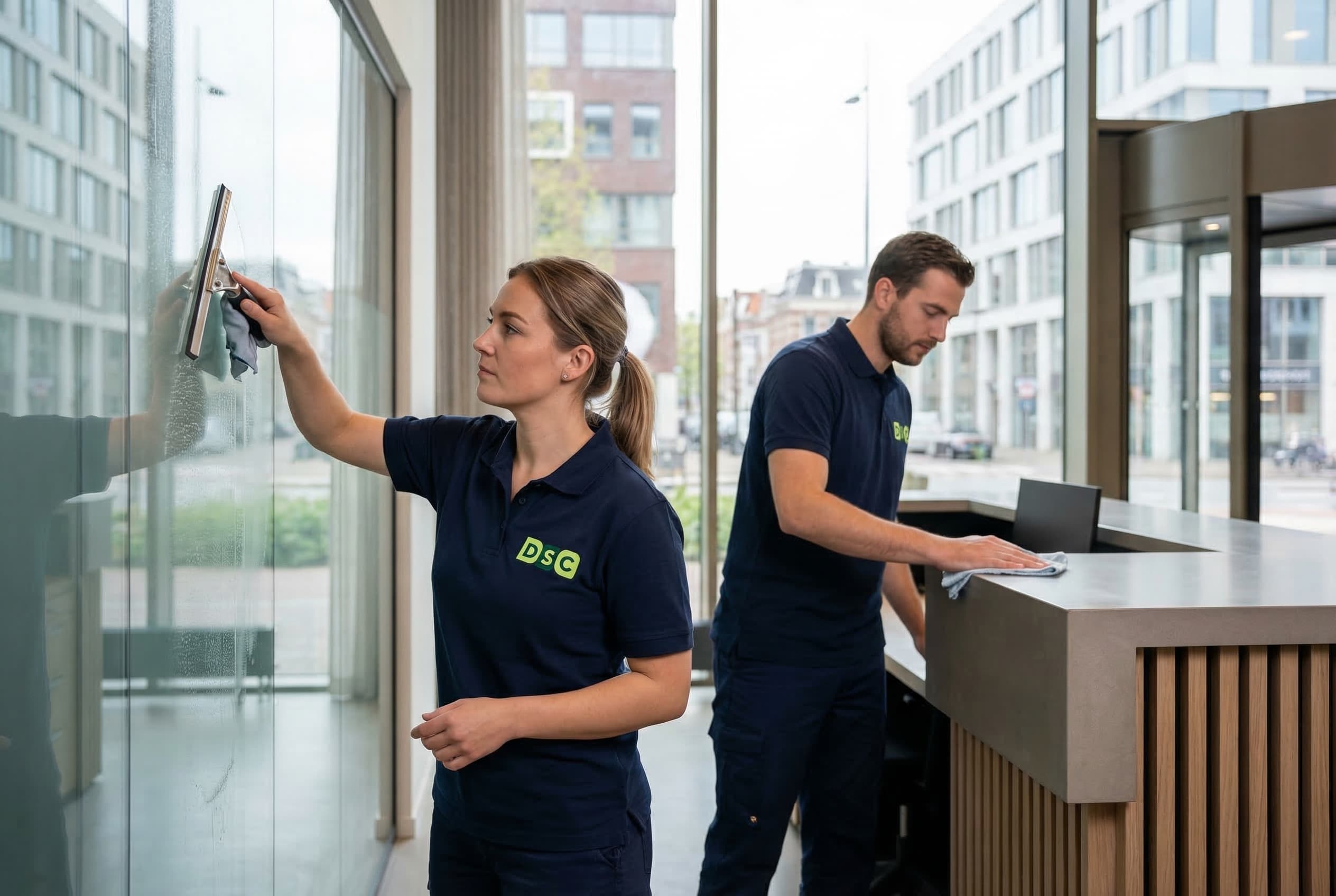 Twee professionele schoonmakers van DSC reinigen een glazen wand en een receptiebalie in een modern kantoor.